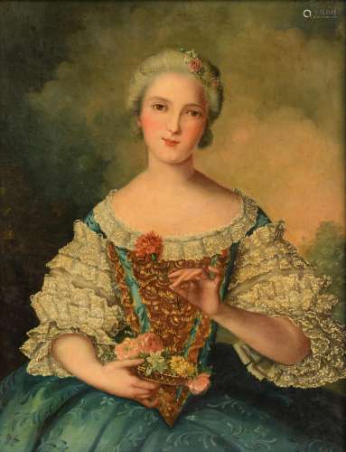 No visible signature, a beauty holding a flower, 19thC, oil on canvas, 59,5 x 73 cm