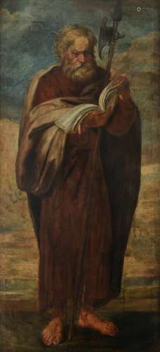 No visible signature, Matthew the Evangelist, 17thC, oil on canvas, 101 x 219 cm , Provenance: the former collection of Fathers Friars Minor Capuchins -  Bruges.