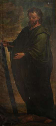 No visible signature, Simon the Zealot, 17thC, oil on canvas, 101 x 219 cm , Provenance: the former collection of Fathers Friars Minor Capuchins -  Bruges.