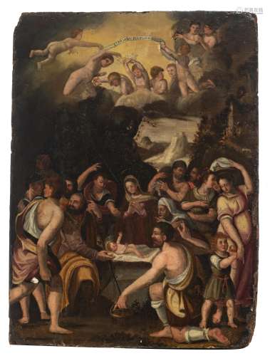 No visible signature, the adoration of the shepherds, 16thC, possibly Italian, oil on panel, 45,5 - 61 cm