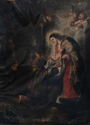 No visible signature (after Peter Paul Rubens), the Madonna and Holy Child appear to Saint Francis, 17thC, oil on canvas, 225 x 290 cm , Provenance: the former collection of Fathers Friars Minor Capuchins -  Bruges.