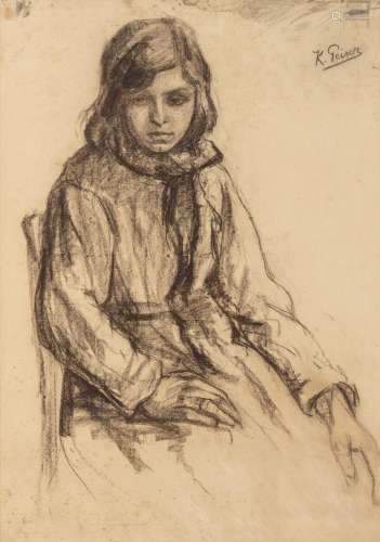 Peiser K., the three-quarter portrait of a sitting girl, charcoal on paper, 44 x 62 cm, Is possibly subject of the SABAM legislation / consult ‘Conditions of Sale’