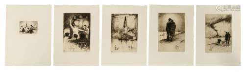 Peiser K., a collection of five first estate etchings, depicting a cabaret scene, two views on the Scheldt and two views on the Cathedral of Our Lady in Antwerp, 9 x 12 - 18 x 26 cm, Is possibly subject of the SABAM l...