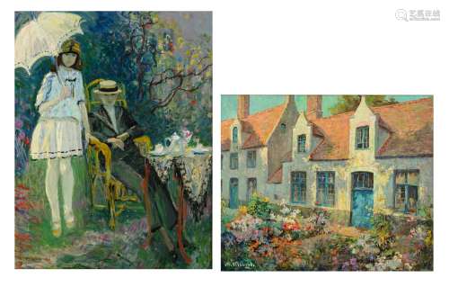 Verbrugghe Ch., a view on the almshouses in summer, oil on triplex, 49 x 59 cm. Added: by the same artist, the father and his daughter in the garden, dated 1960, oil on board, 54 x 71 cm, Is possibly subject of the SA...