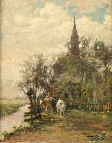 Indistinctly signed, cows near the stream at the village church, 19thC, oil on canvas on panel, 31 x 40,5 cm