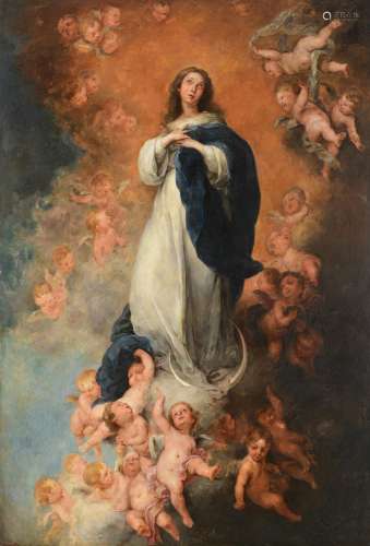 Unsigned, the Holy Mother on the crescent moon, surrounded by angels, 18th/19thC, oil on canvas, 89 x 131 cm