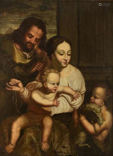 No visible signature, Joseph and Mary holding the Holy Child playing with the young Saint John The Baptist, 18thC, Spanish, 83 x 112 cm