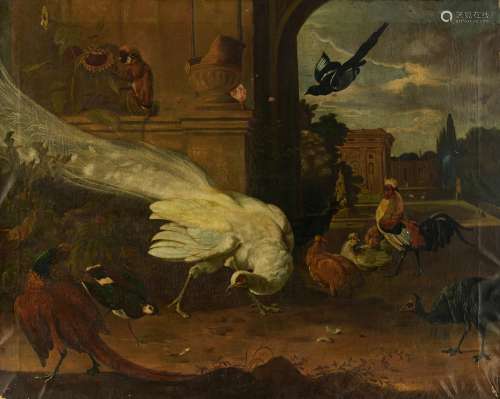 No visible signature (in the manner of Melchior d'Hondecoeter), poultry with a white peacock, oil on canvas, 77 x 96 cm