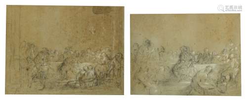 No visible signature, two drawing studies depicting scenes of the last supper, black chalk on Venetian paper, heightened with white chalk, late 16thC, 24 x 31 cm