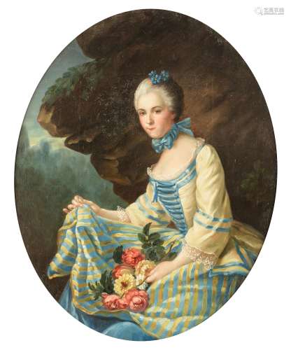 No visible signature, the three-quarter portrait of a noble lady, sitting in a landscape, 18th/19thC, oil on canvas, 60 x 74 cm