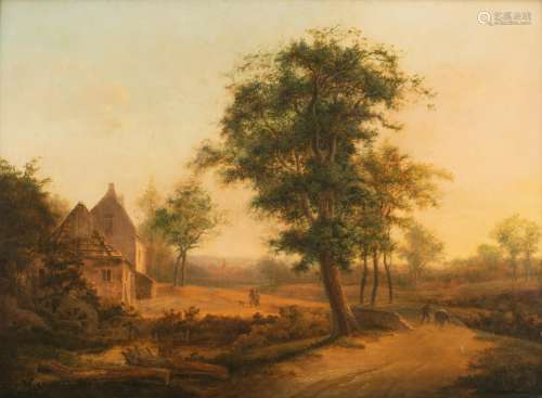 No visible signature, a rural landscape with a farm, the first half of the 19thC, the Low Countries, oil on panel, 49 x 66 cm