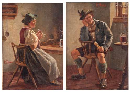 Rau E., two pendant paintings, depicting a young Bavarian couple: the girl busy knitting, while her lederhosen dressed fiancé is enjoying his pipe and his pint, oil on panel, 9,5 x 13,5 cm