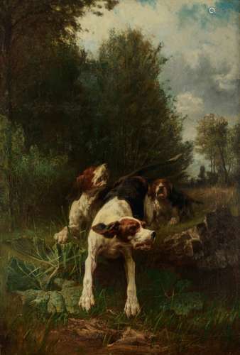 De Pratere E., the hunting dogs in action, dated (18)66, oil on canvas on fibreboard, 120 x 175 cm
