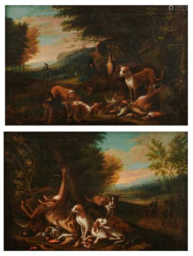 No visible signature, (in the manner of De Greyff), a pair of pendant paintings with hunting scenes, 17th/18thC, oil on canvas, 35,5 x 52 cm