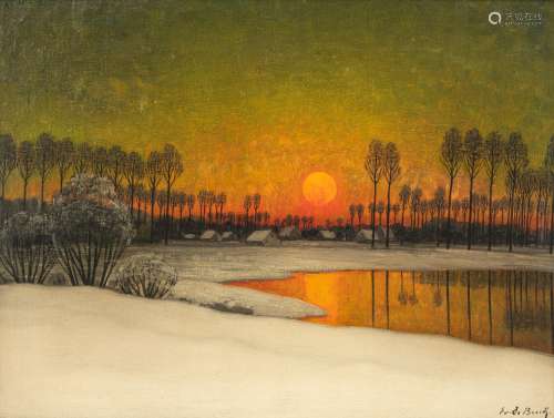 De Buck E., a snowy landscape with a sunset, oil on canvas, 57,5 x 76 cm, Is possibly subject of the SABAM legislation / consult ‘Conditions of Sale’,
