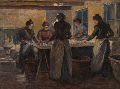 No visible signature, women cleaning sprat in an interior, oil on canvas, 57 x 73 cm