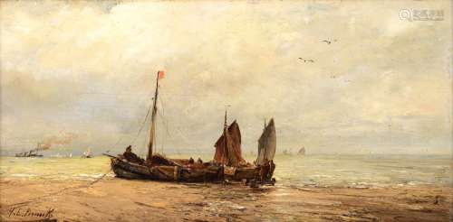 Permeke H.L., fishing boats waiting for the tide, the back with an authentification and seal mark of the artist, dated 1894, oil on a mahogany panel, 25 x 50 cm,