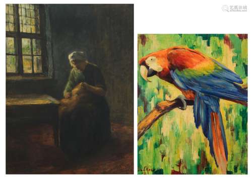 Midy E., a flax cleaning lady in an interior, pastel on cardboard, 33 x 47 cm. Added: Van Roe, the macaw, dated (19)42, oil on board, 36,5 x 46 cm,