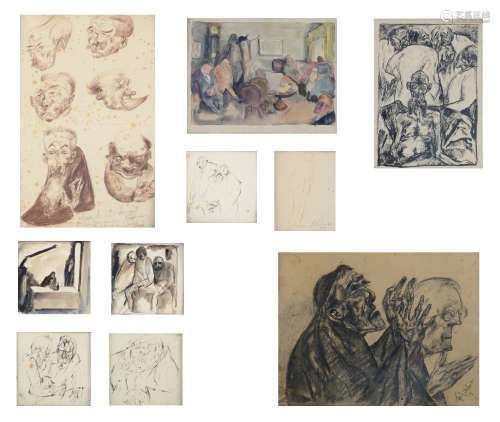 Indistinctly signed (Fritz Herlinnen?), a collection of German expressionist drawings, pencil, charcoal, ink and watercolour on paper, one dated 1919, 11 x 11 - 23 x 30 cm - the whole frame: 76 x 88 cm