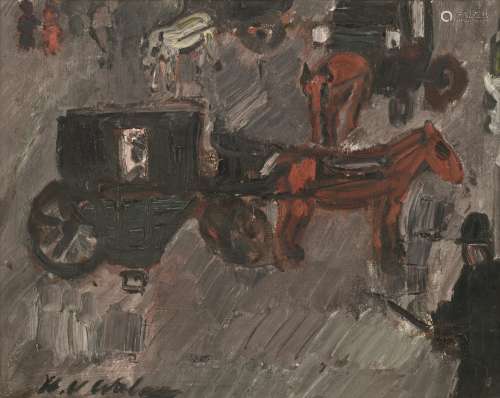 Wolvens H.V., a street view with carriages, oil on canvas, 40,5 x 50 cm, Is possibly subject of the SABAM legislation / consult ‘Conditions of Sale’