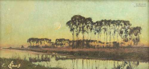 Claus E., the shores of the Lys by moonlight, oil on canvas, 21 x 44 cm