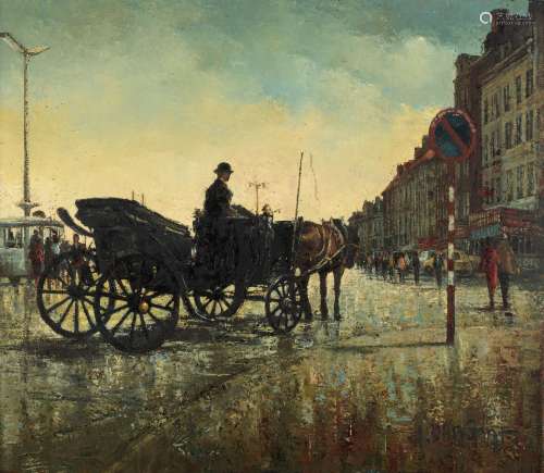 Jan Van Gent (Jef van Turnhout), a coachman in the rain in Ostend, oil on canvas, 70 x 80 cm