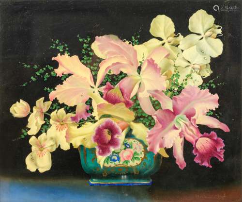 Tchistovsky L., a still life with orchids, oil on hardboard, 45 x 55 cm, Is possibly subject of the SABAM legislation / consult ‘Conditions of Sale’