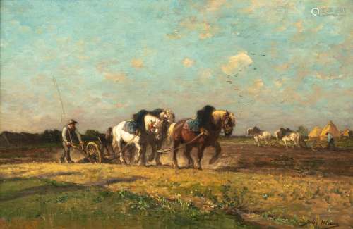Hereau J., horses pulling the plow, oil on canvas, 41 x 60 cm