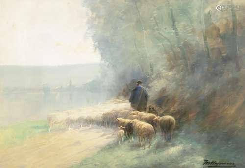 Hagemans M., a shepherd and his flock of sheep, pastel on paper, 64 x 90 cm