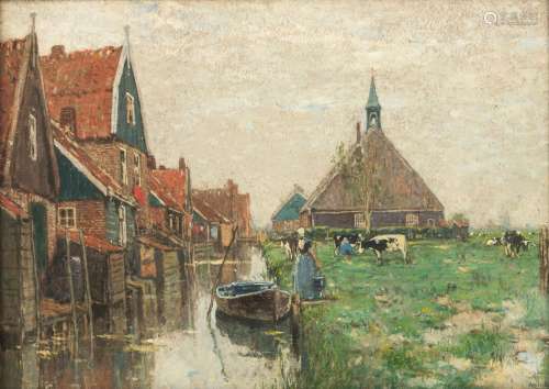 Cassiers H., a pastoral view in Holland with milkmaids, oil on canvas, 52 x 73 cm