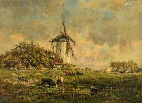 Verheyden Is., a rural landscape with cows and a mill to the background, dated (18)77, oil on canvas, 80 x 110 cm