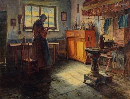 Elle E., a woman doing domestic work in an interior near the stove, oil on canvas, 79 x 101 cm