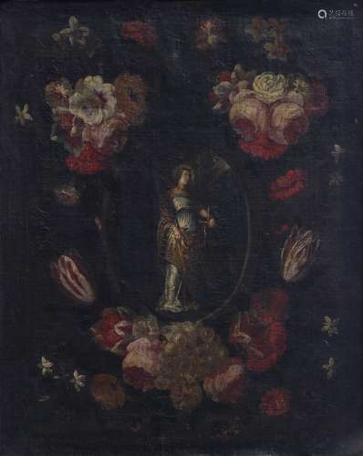 No visible signature (in the manner of Cornelis Lens), Saint Michael surrounded by a flower wreath, the Southern Netherlands, 18thC, 60 x 78 cm