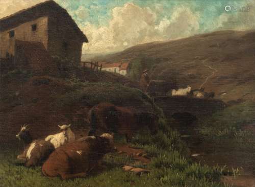 No visible signature, a mountainous and bucolic landscape with a shepherd and his herd, 18thC, oil on panel, 25,5 x 34,5 cm