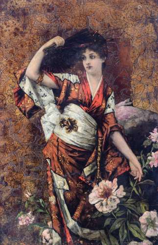 No visible signature, a European lady dressed as a geisha, oil on gilt leather, Japonism, ca 1880, 26,5 x 40 cm
