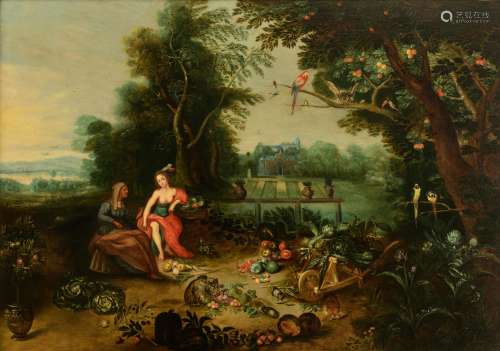 Jan II Bruegel (signed), 'Pomona and Vertumnus', mid 17thC, oil on an oak panel, the panel with an Antwerp craft maker's mark, 49,5 x 70 cm, Added an expertise report and certificate by the well-known Brueghel expert ...