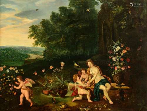 Jan II Bruegel (signed), 'Flora with three putti in a garden', dated 1649, oil on copper, 52 x 67 cm, Added an expertise report and certificate by the well-known Brueghel expert Dr. Klaus Ertz. In this work Dr. Ertz s...