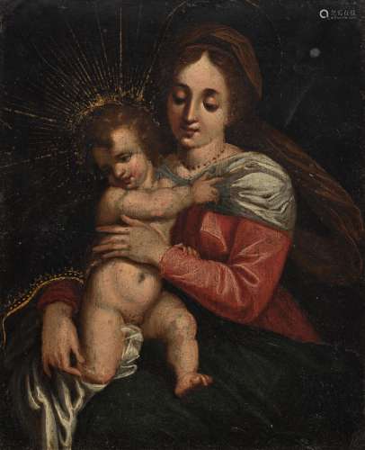 No visible signature, Madonna and child, oil on panel, 17thC, H 23 x W 19 cm