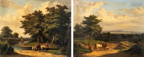 Davelooze J.B., a fine pair of pendant paintings depicting rural views with shepherds tending their cattle, oil on canvas, 85 x 103 cm