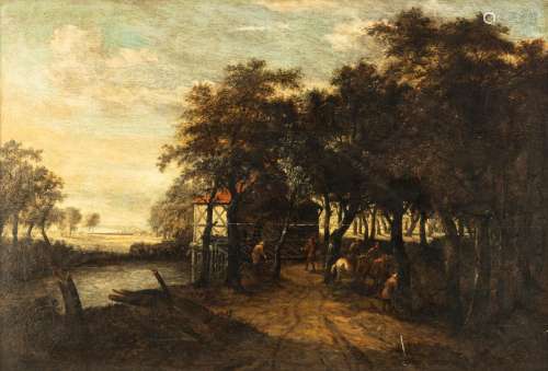 No visible signature, figures near the watermill, the Northern Netherlands, 17thC, oil on panel, 71 x 103 cm, ,