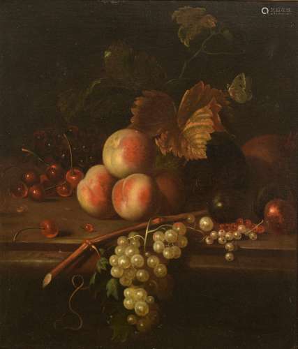 No visible signature, a still life with fruit, 19thC, oil on canvas, 48 x 54,5 cm,