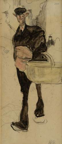 Monogrammed J.D.B. (Jules De Bruycker), a man with a basket on the market, pencil and watercolour on paper, 10 x 23 cm