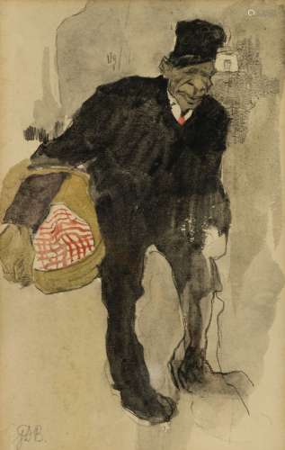 Monogrammed J.D.B. (Jules De Bruycker), a male figure holding a basket, pencil and watercolour on paper, 13,5 x 21 cm
