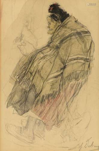 De Bruycker J., an old woman warming herself in an interior, pencil, watercolour and charcoal on paper, 14 x 21 cm