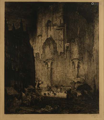 De Bruycker J. 'Autour le chateau des Comtes de Flandre', with a dedication: 'En toute admiration au maître J. Ensor', 1913, etching, N° 9/11, 67,7 x 74 cm