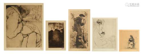A collection of five signed etchings by Jules De Bruycker, consiting of: 'Le Rapiéceur', N° 12/45, 32 x 37,5 cm, 'Le Balayeur', dated 1906 (framed), 17 x 34 cm. 'Le Ténor', 16 x 28 cm, 'Homme à la pipe' (framed), N° 5...
