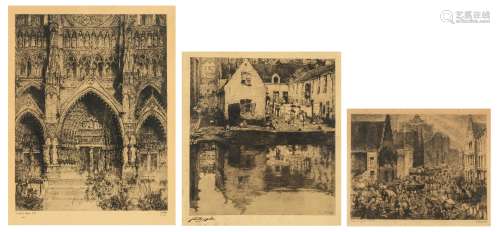 A collection of three signed etching by Jules De Bruycker, consisting of: 'Le Cathédrale d'Amiens, France', dated 1932, first estate, 46,7 x 60,4 cm, 'Cour de marché - Gand', dated 1906, 33,5 x 42,4 cm, the 'Veergrep'...