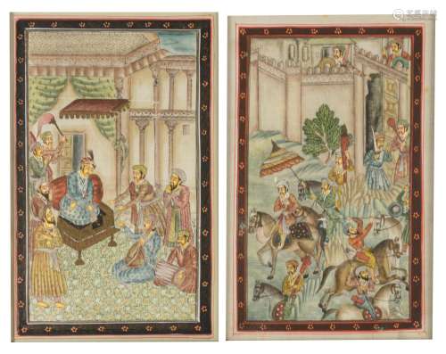 Two Ottoman gouaches on textile, one depicting a battle scene, one depicting a court scene, 32 x 42 cm (with frame)