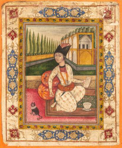 A Persian 19thC gouache painting on paper depicting an elegantly dressed Qajar youth holding a pen and a scroll, polychrome, and gold decorated margins, lined on hardboard, measures painting 18,2 x 22,4 cm
