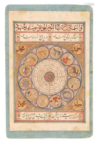 An early 18thC Persian Safavid gouache miniature on paper, depicting central the twelve astrological signs, each within a gilt roundel and in the four surrounding corners roundels the favourite names of the Prophet in...